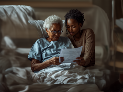 Elderly Woman and Daughter Read Hospital Document (400 x 300 px)